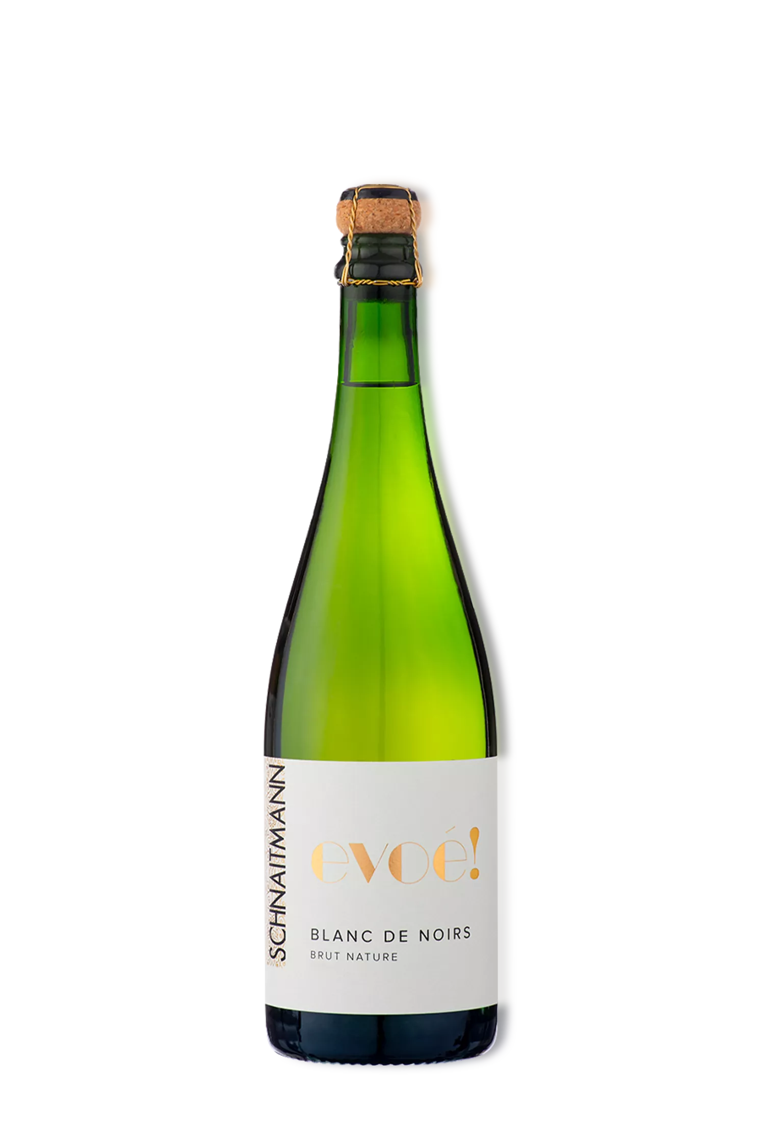 Eine Flasche Schaumann Evoé! Blanc de Noirs Brut Nature Schaumwein. Die Flasche ist grün mit einem goldfarbenen Korken und einem weißen Etikett mit schwarzer und goldener Schrift.