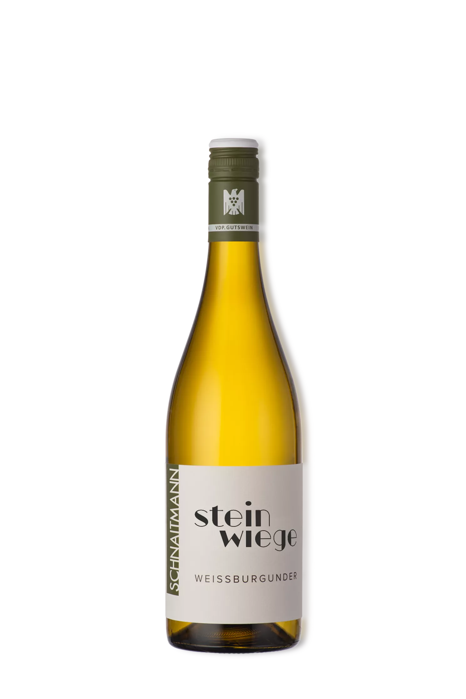Eine Flasche VDP Gutswein Weißwein mit der Bezeichnung ‚SCHNAITMANN Steinwiege Weißburgunder‘. Der grüne Schraubverschluss trägt den Aufdruck "VDP. Gutswein". Das Etikett trägt die große Aufschrift steinwiege, darunter Weissburgunder.