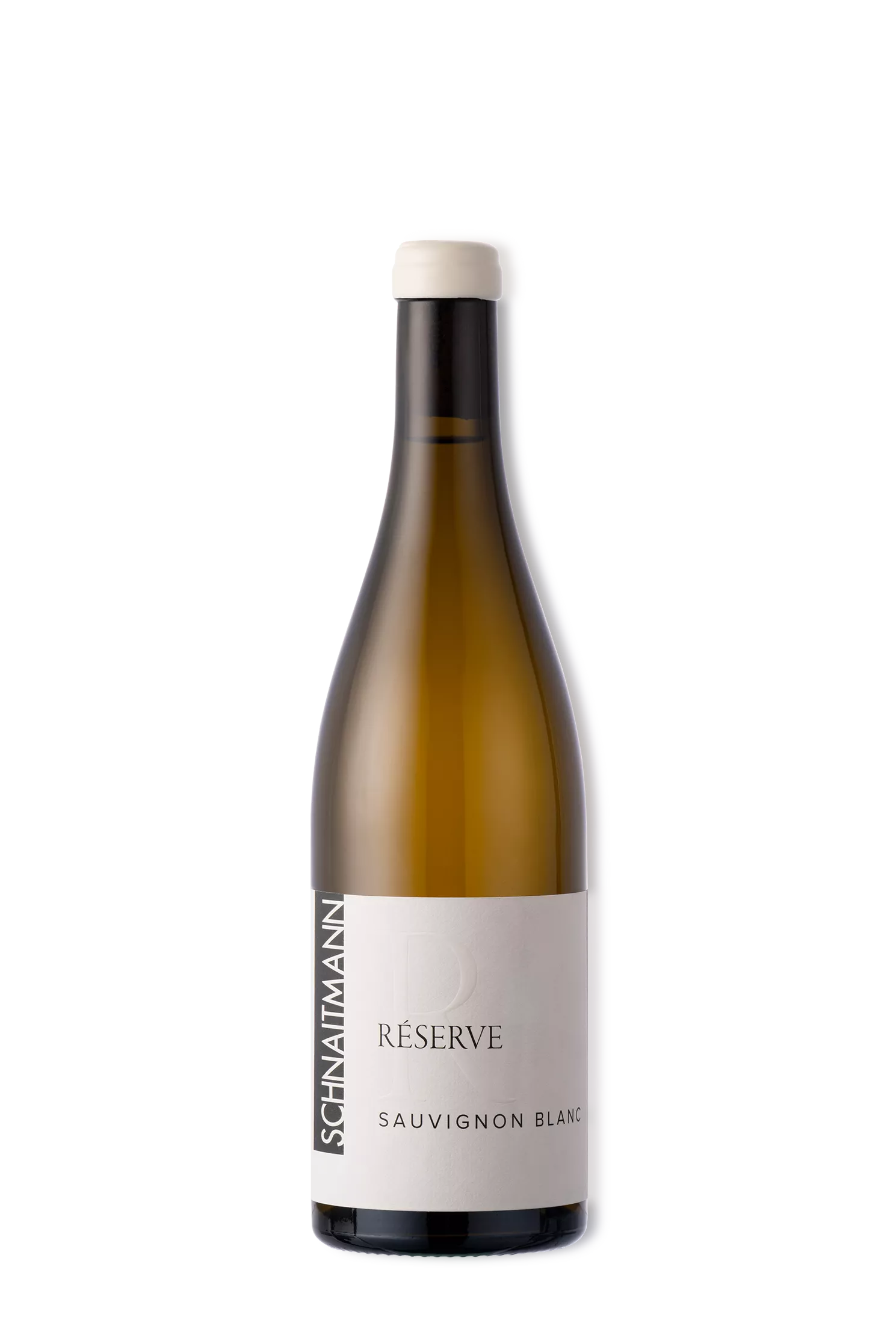 Eine Flasche Schnaitmann RESERVE Sauvignon Blanc mit weißem Wachssiegel und einem minimalistischen weißen Etikett mit schwarzem Text.